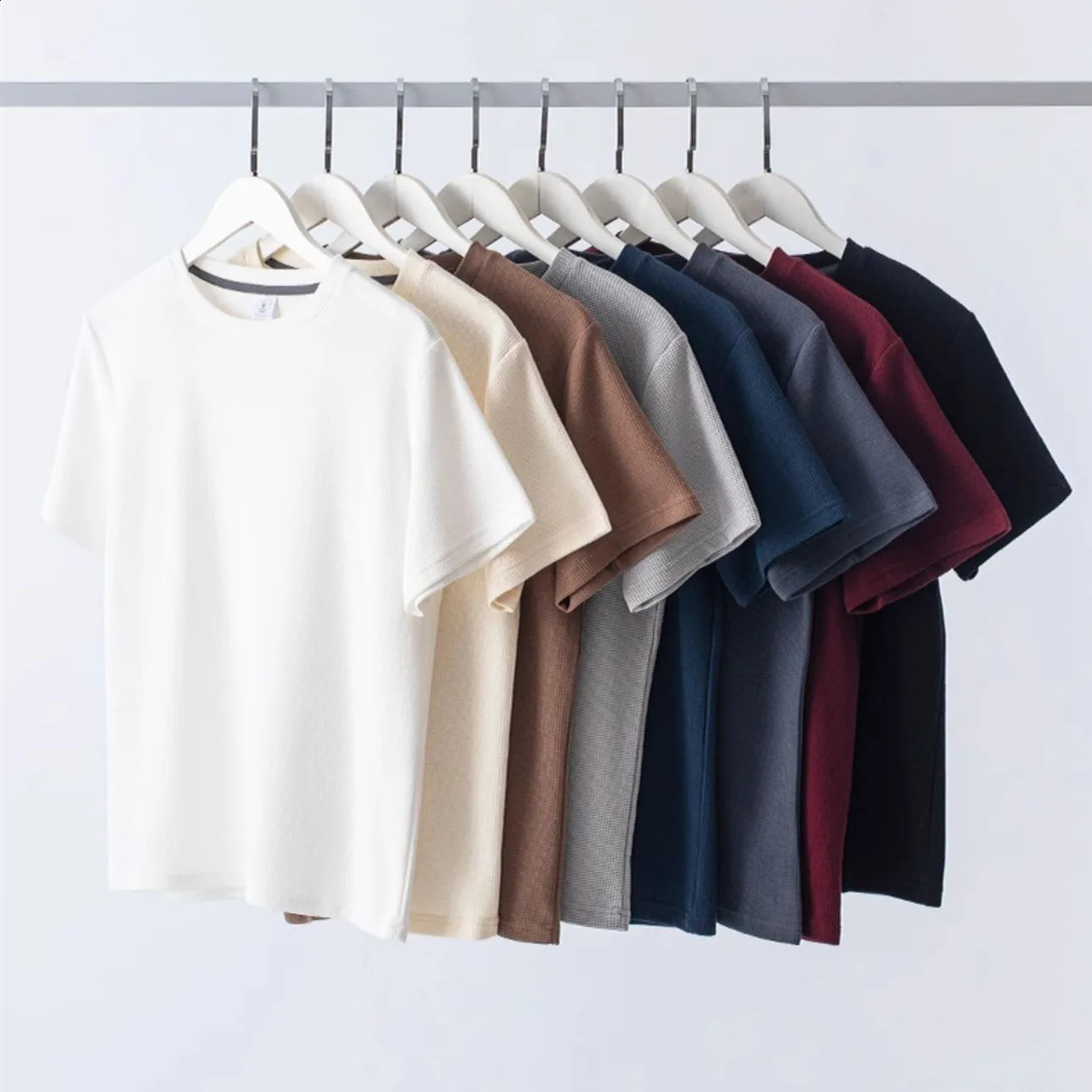 1 mens summer T-shirt mens short sleeved waffle solid T-shirt mens solid color casual tee round mens round neck fashionable top 250427