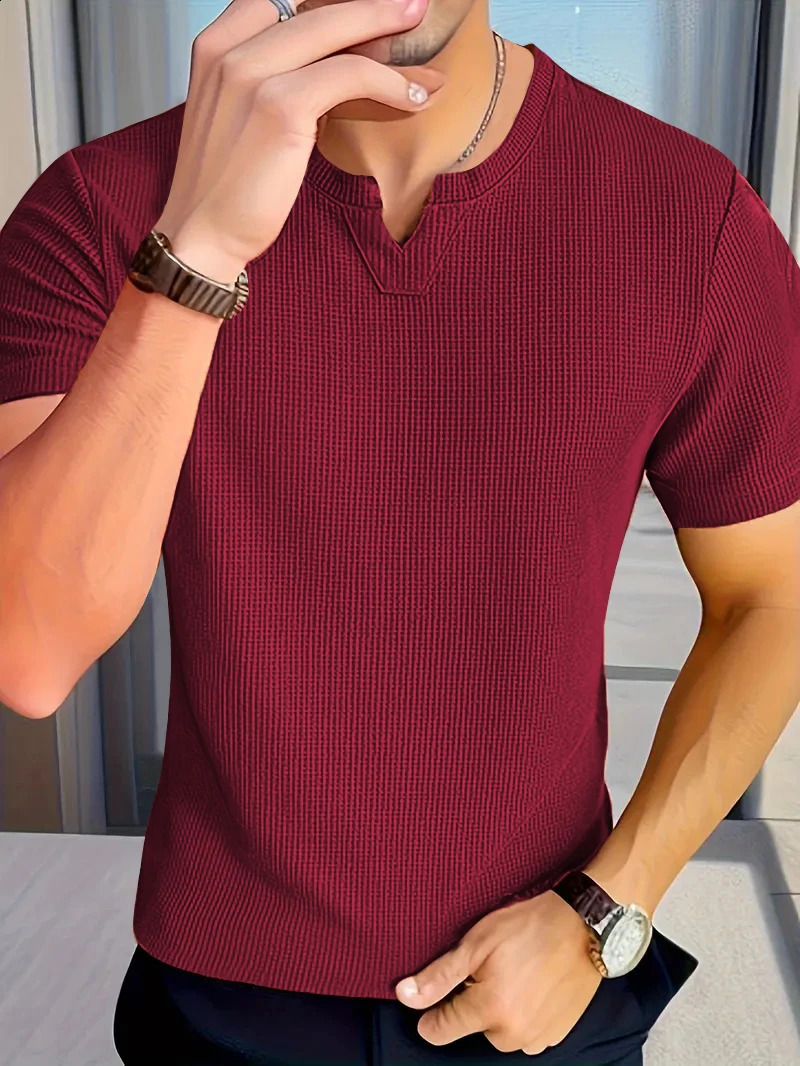 Mens casual waffle knit V-neck floral T-shirt - a must-have for summer short sleep daily leisure outings 250427