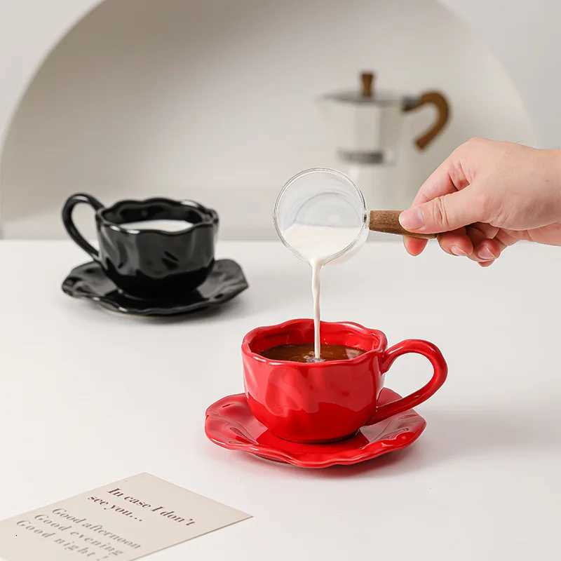 200ml Black Red Macaroon Creative Hand Squeezed Pinched Ceramic Coffee Mug Cup With Saucer For Cafe Restaurant Table Decor 1 PC C251127