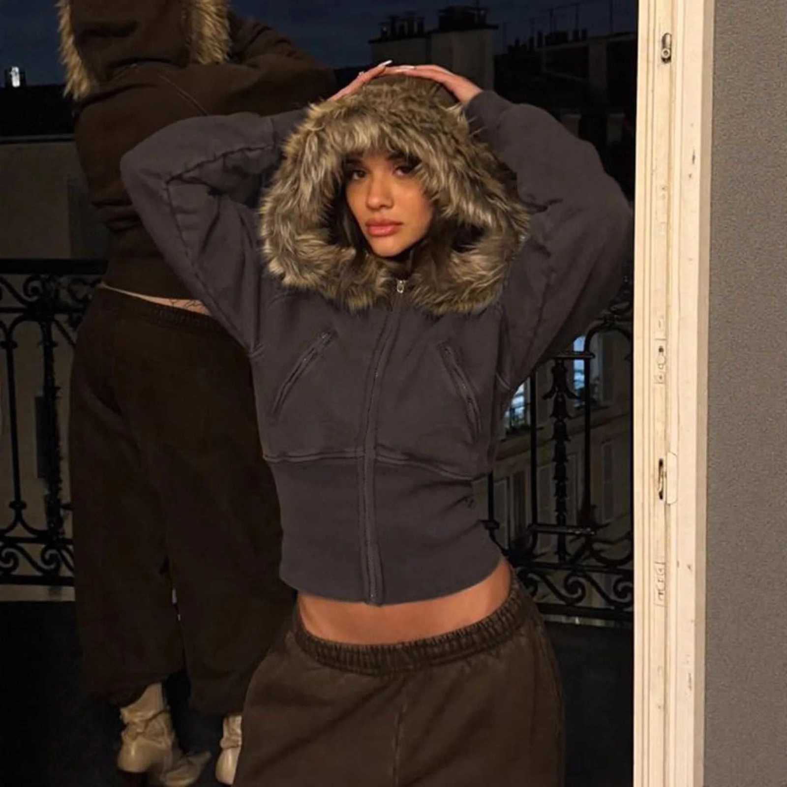 Autumn Winter Vintage Brown Short Hooded Jacket Womens Full Sleeve Slim Detachable Fur Collar Warm 2025 NEW Female Y2k OutwearsXJ251127