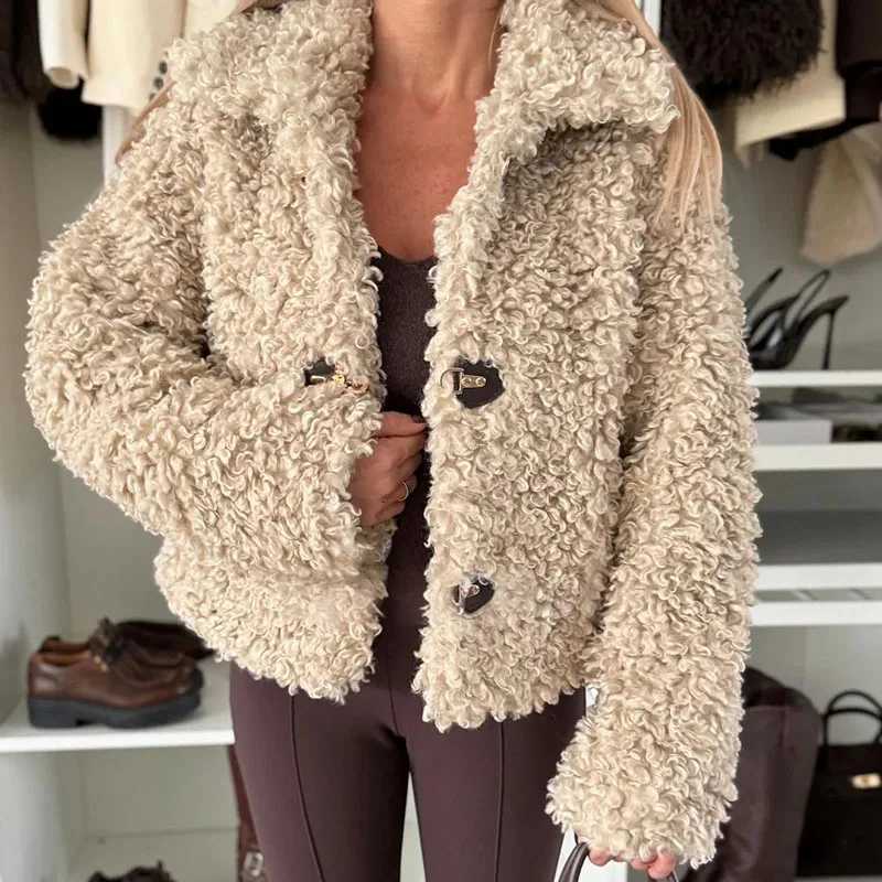 2025 Winter New Womens Lapel Collar Fleece Coat Simple Solid Color Commuter Long Sleeve Jacket Comfortable Warm Loose OuterwearXJ251127