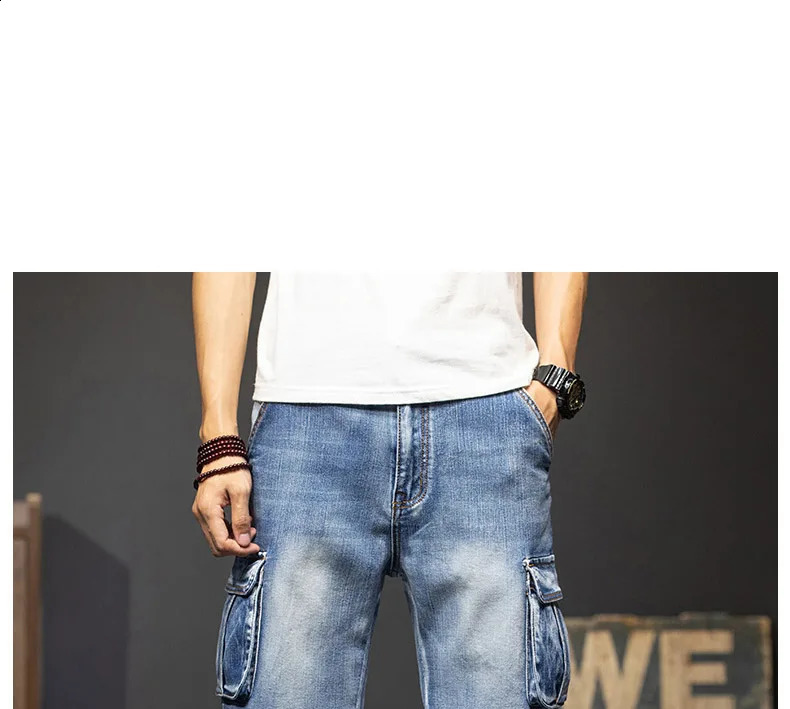 Multi pocket five point denim shorts mens loose oversized crop plus summer thin street cargo shorts mens 44 250423