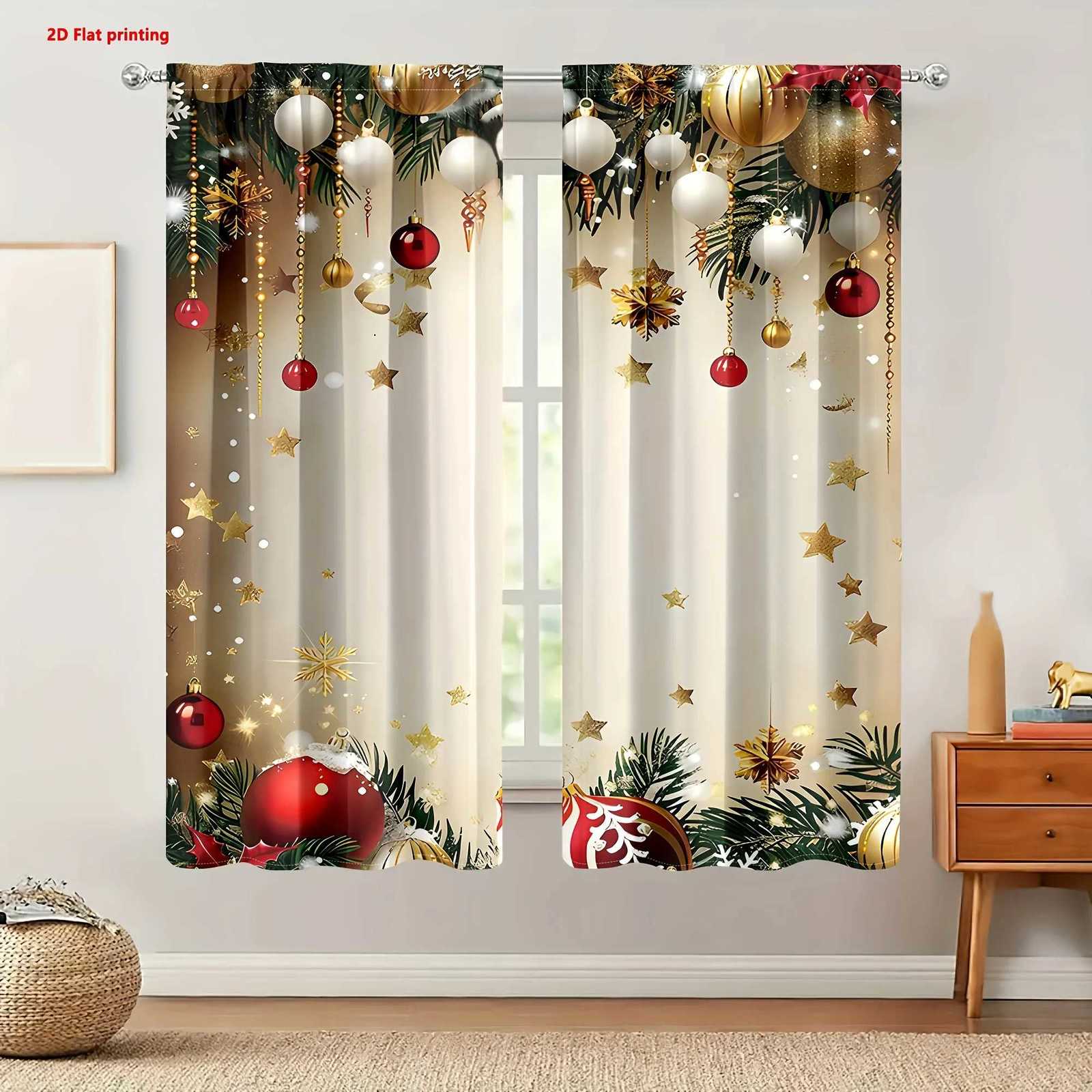 Curtain Christmas Christmas Ball Star Curtains 2pcs Golden Red Pine Leaf 2D Print Semi-Sheer Rod Pocket for Living Room Kitchen Bedroom Decor Y251126