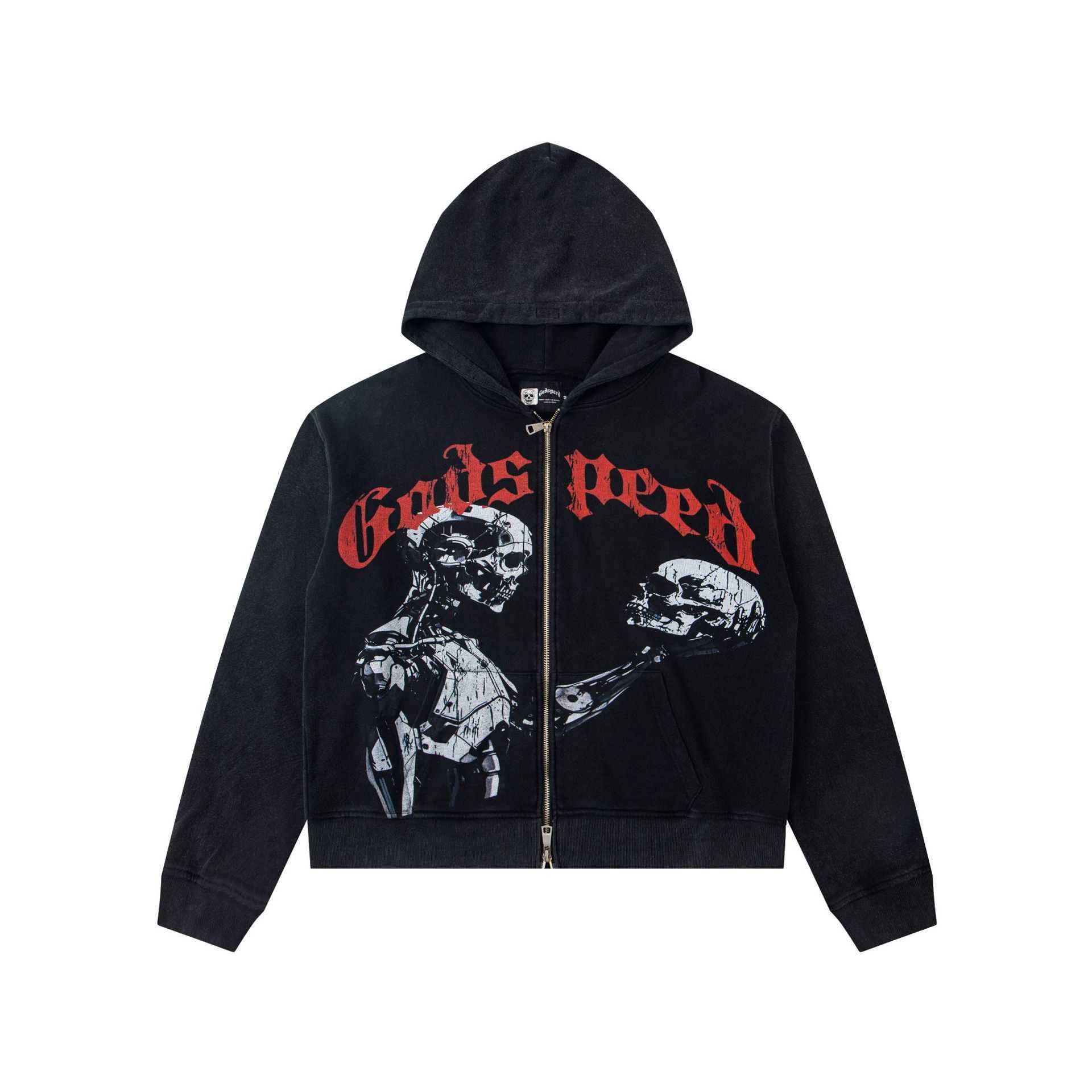 Streetwear Gothic Punk Y2K Men Hip-Hop Godspeed Retro Skeleton Print Zippered Hoodie High Street Casual Oversized Sweatshirt S25716