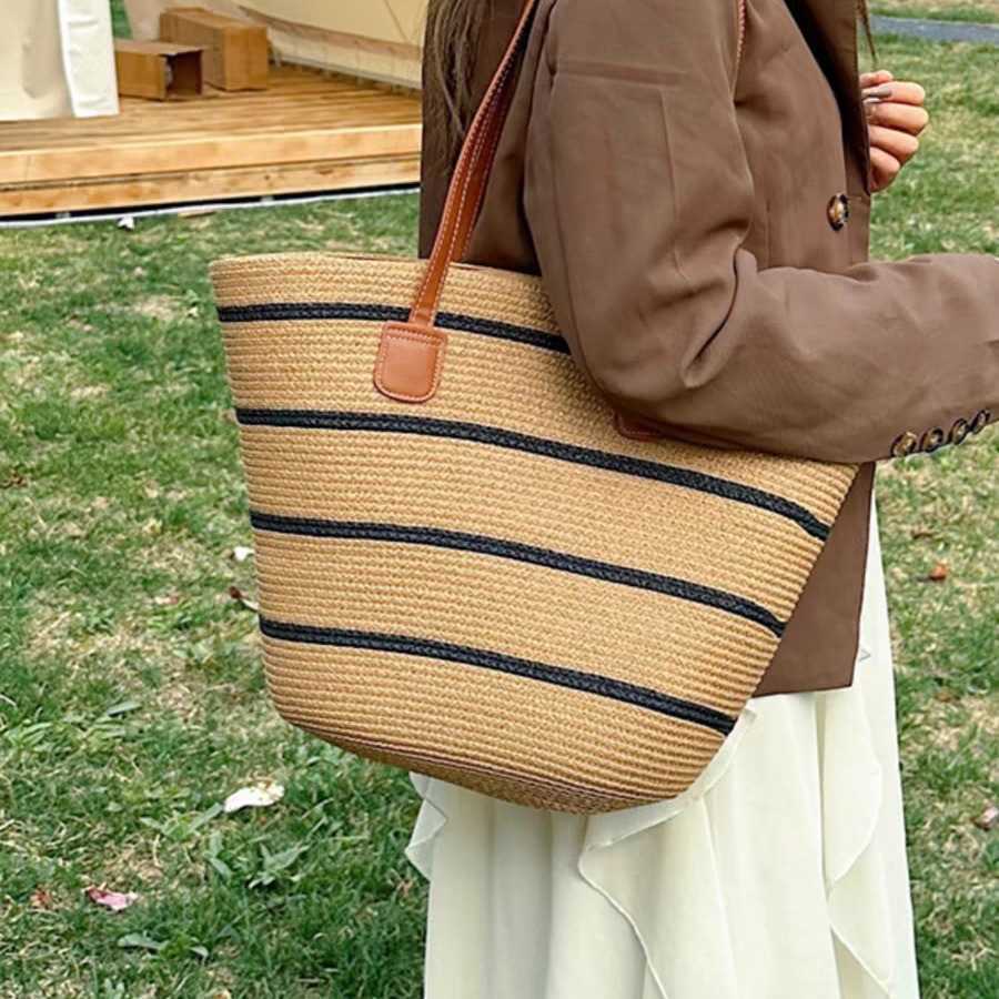 Straw Woven Bag Womens Summer Handbag Seaside Tote Bag Large Capacity Woven Shoulder Bag Rattan Woven Grass Bag Water Bucket Bag Trendy