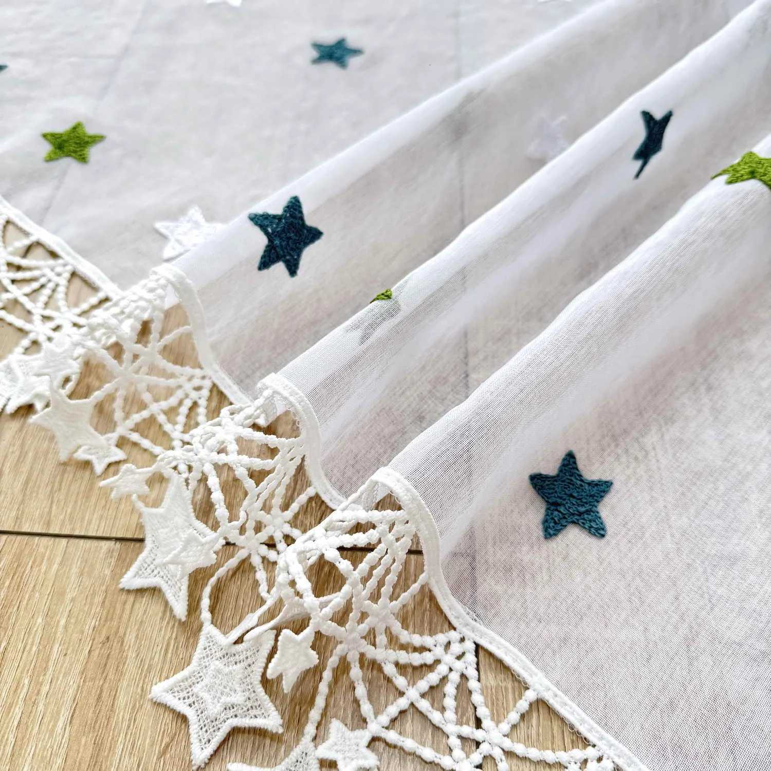 Curtain Christmas 1PC Modern Green Stars Embroidery Short Curtain for Kitchen Mesh Voile Window Drape With Lace Home Decoration Cafe Y251126