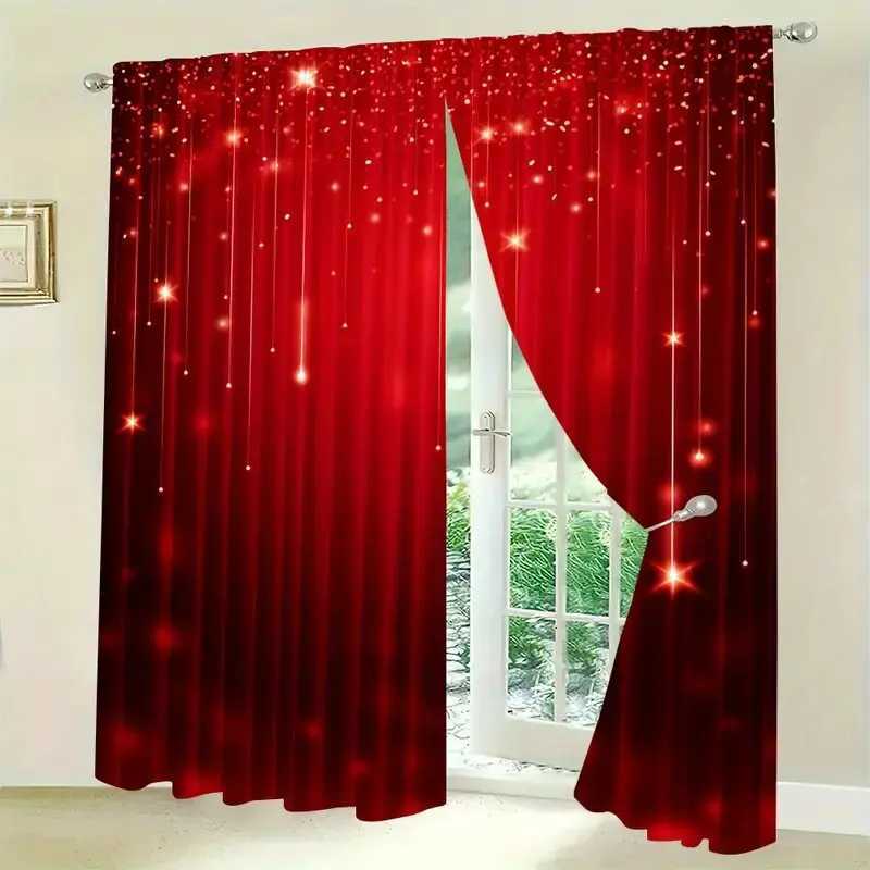 Curtain Christmas 2pcs - Christmas Curtains Christmas Golden Star red polyester printed curtains home decoration room decoration Y251126