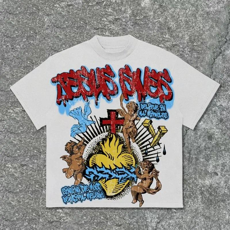Graphic Tee Vintage Jesus Saves Angel Graphic Print Cotton T-Shirt Men Summer Short Sleeves Casual Oversize Tshirt Streetwear Women