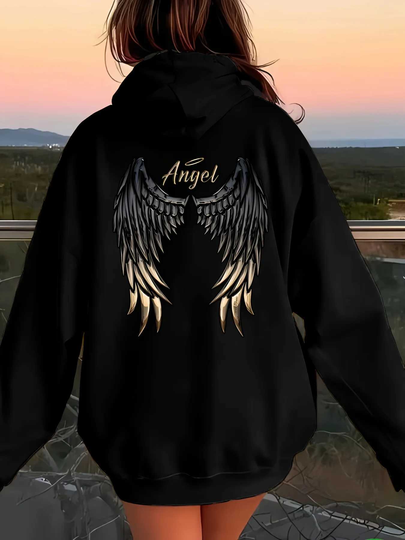 Womens Casual Hoodie with Angel Wings Graphic Drawstring Detail Kangaroo Pocket Perfect for Fall Winter Playful Design Trendy J251136