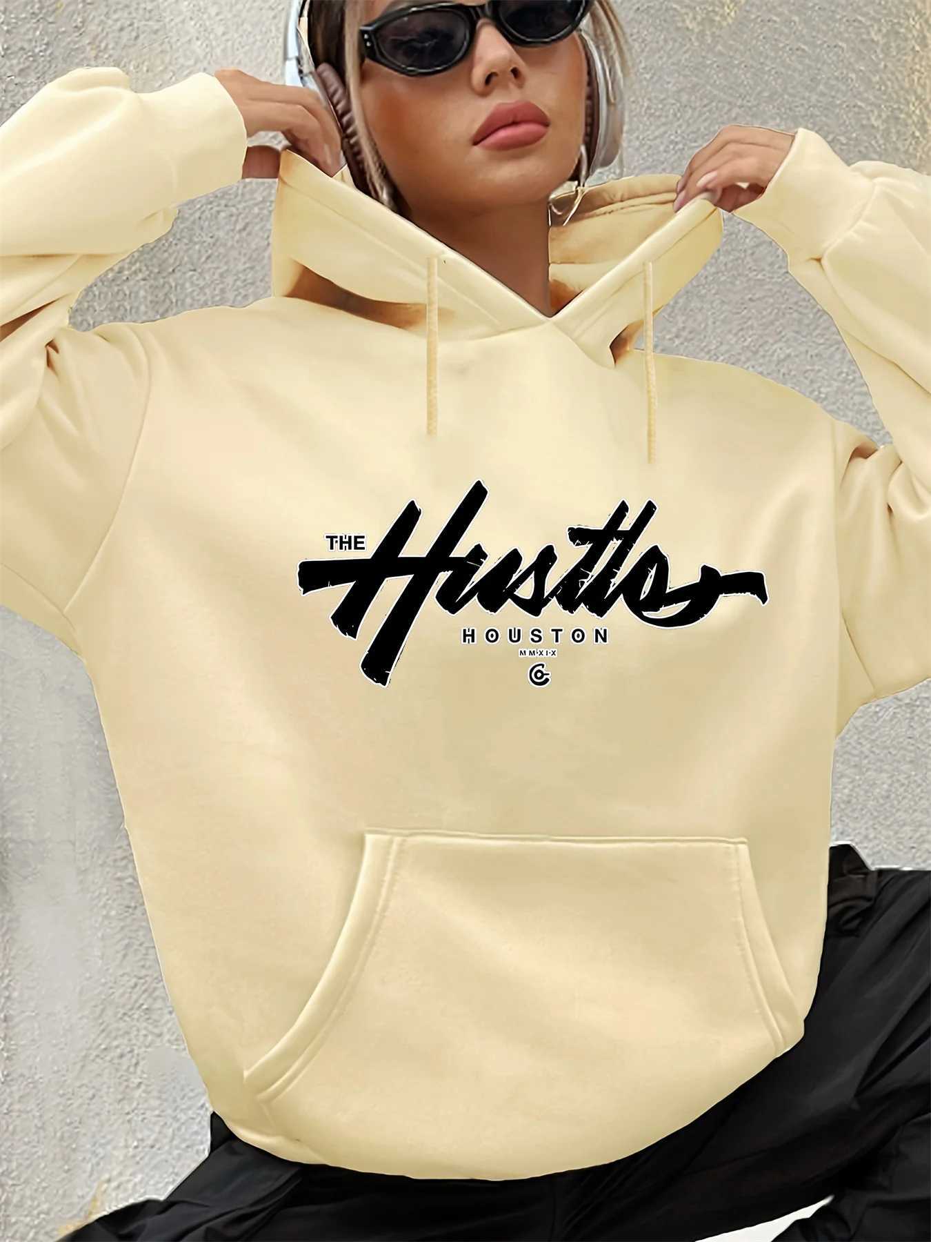 Womens autumn and winter casual loose warm Houston letter pattern printed suede long sleeved hooded sweatshirt J251136