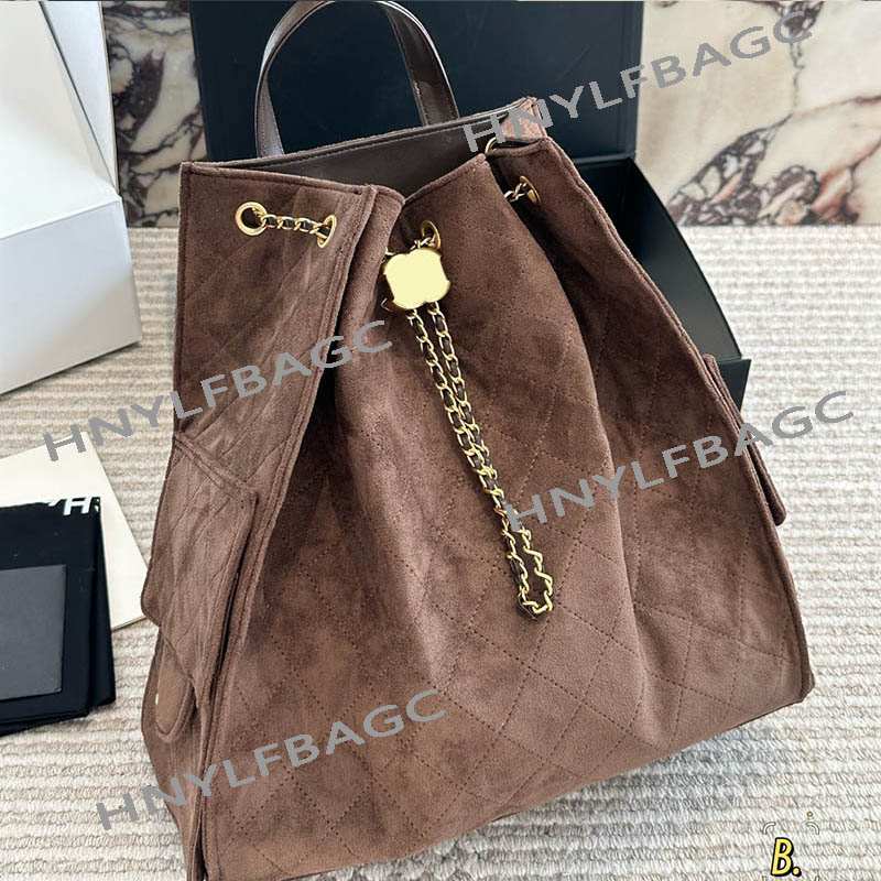 Vintage Women Suede Backpack Designer Shoulder Bag Gold Hardware Adjustable Straps with Metal Chain Diamond String Design Medium Tote School Handbag Sacoche 32cm