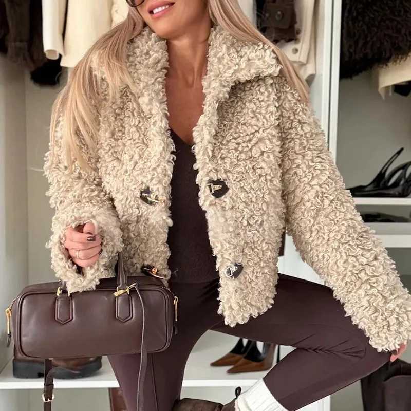 2025 Winter New Womens Lapel Collar Fleece Coat Simple Solid Color Commuter Long Sleeve Jacket Comfortable Warm Loose OuterwearXJ251127