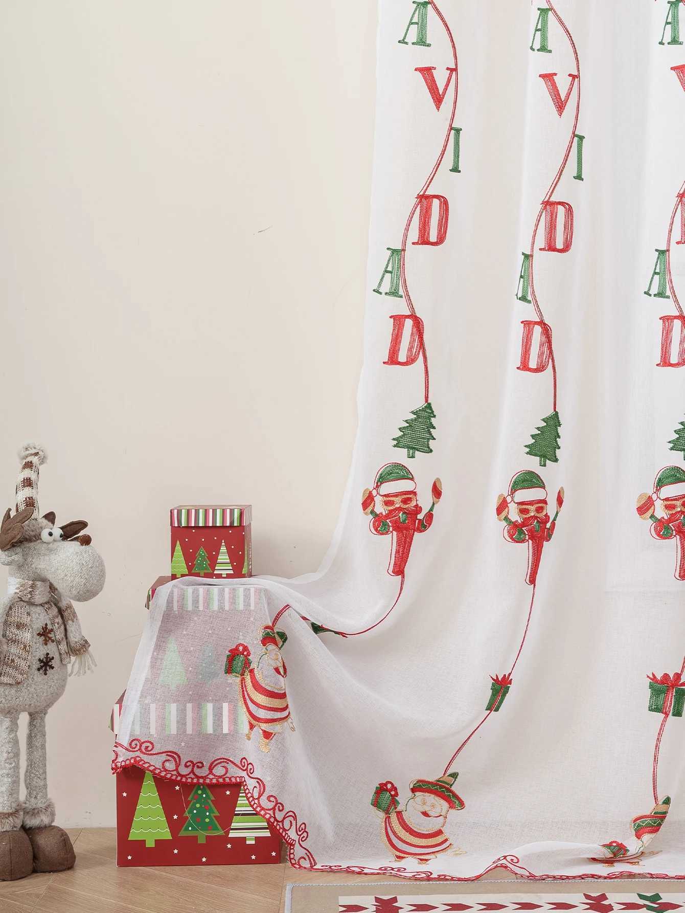 Curtain Christmas 1PC Cartoon Santa Claus Christmas Lace Embroidered Thin Curtain for Bedroom And Living Room Holiday Decorative Window Treatment Y251