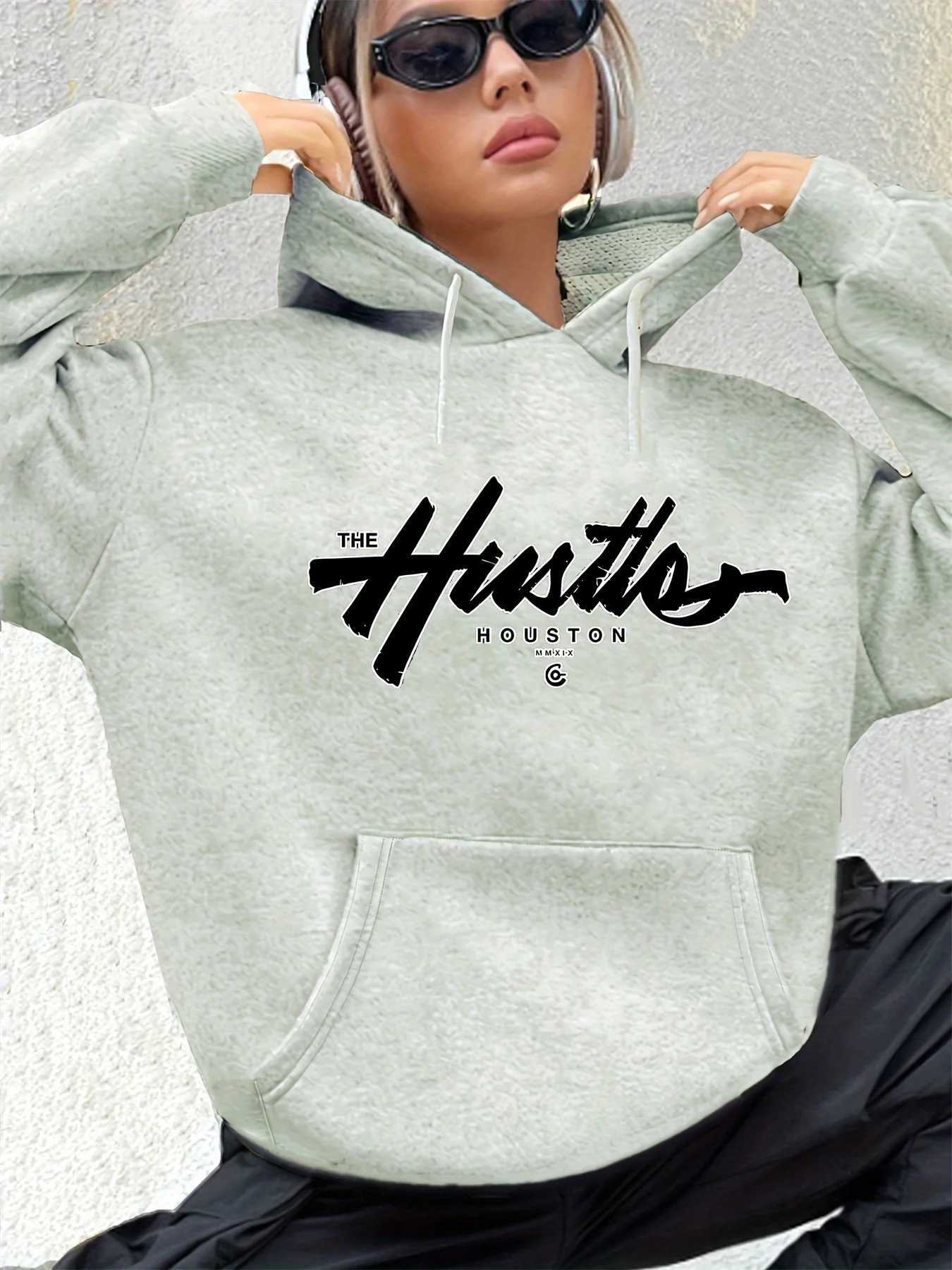 Womens autumn and winter casual loose warm Houston letter pattern printed suede long sleeved hooded sweatshirt J251136