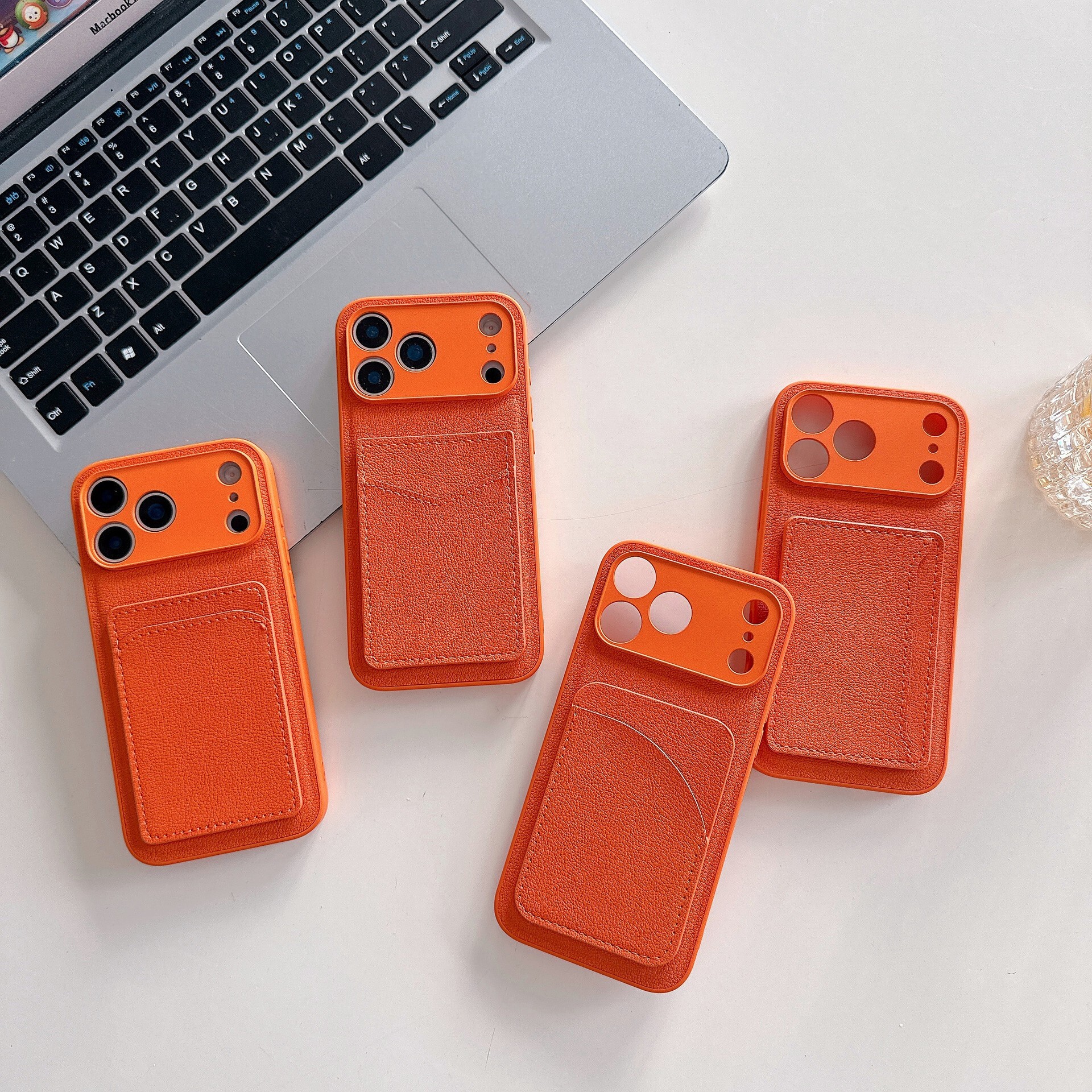 Orange Plain Leather Card Holder iPhone 17 Pro Max Phone Case Compatible with Apple 16 Pro Simple 15 Solid Color Business