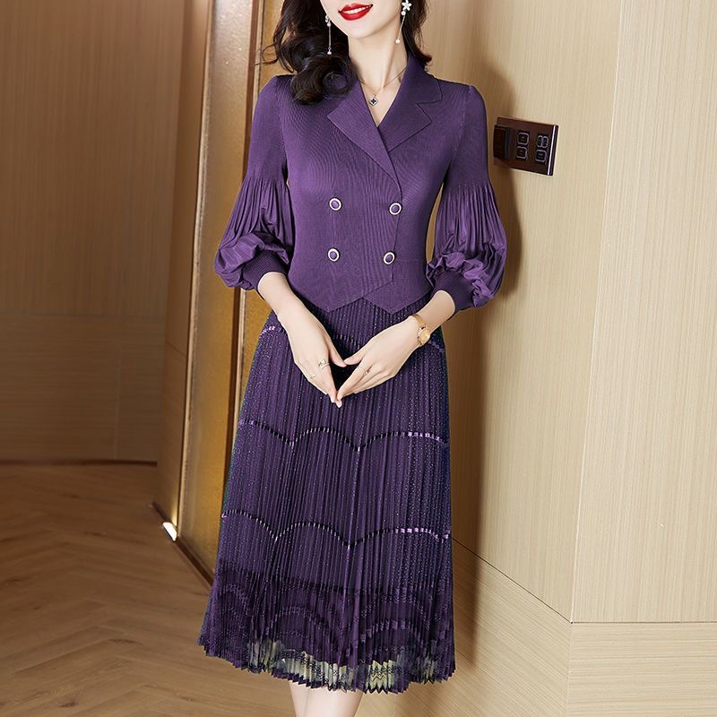 Large size women's pleated dress 2025 spring new mesh lace dress D02304