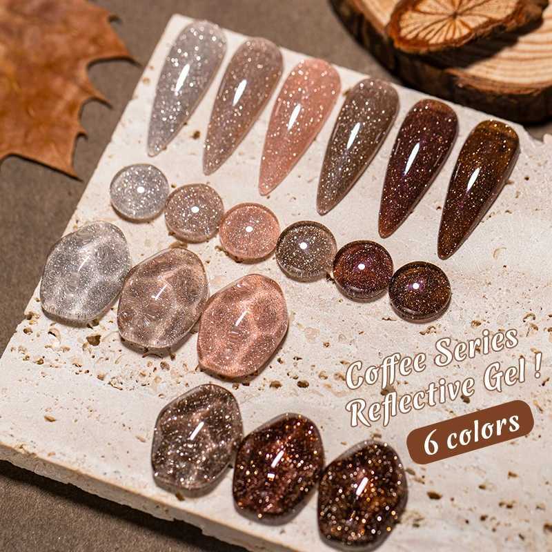 6pcs Coffee Brown Reflective Glitter Gel Nail Polish Set Dark Flashy Semi Permanent Soak Off UV Gel Varnish Nail Supplies SalonT251127