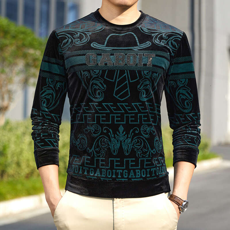 Trendy Brand Light Luxury Velvet Sweatshirt Slim Fit Jacquard Autumn New Men's Long Sleeve T-Shirt Casual Base Shirt