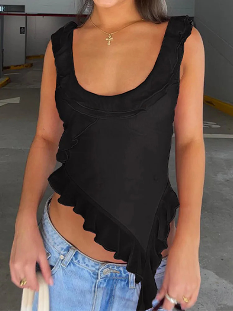 Fashionable O-neck sleeveless vest sexy pleated edge no back irregular crop top summer casual streetwear womens vest 250422