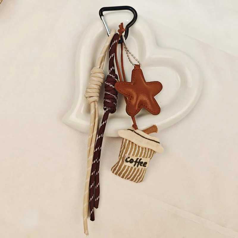 Kawaii Cartoon Linen Embroidery Coffee Bread Keychain Leather Heart Pendant Bag Charm Car Keychain Couples Bag Pendant AccessoriT251127