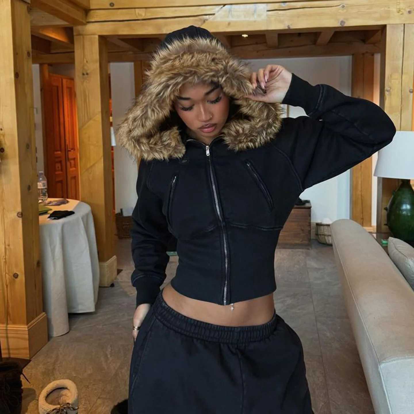 2025 New Autumn Winter Hooded Jackets Fashion Women Long Sleeve Slim Y2K Zipper Vintage Coats High Street Fleece Pocket OutwearXJ251127