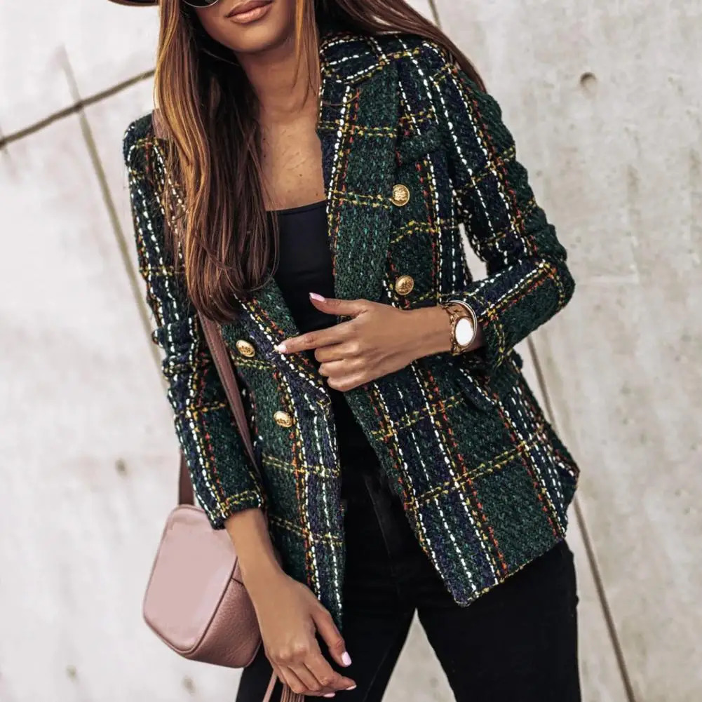 Vintage Women Tweed Coat Plaid Print Double Breasted Casual Buttons Spring Slim Fit Flap Pocket Formal Lady Blazer 251126