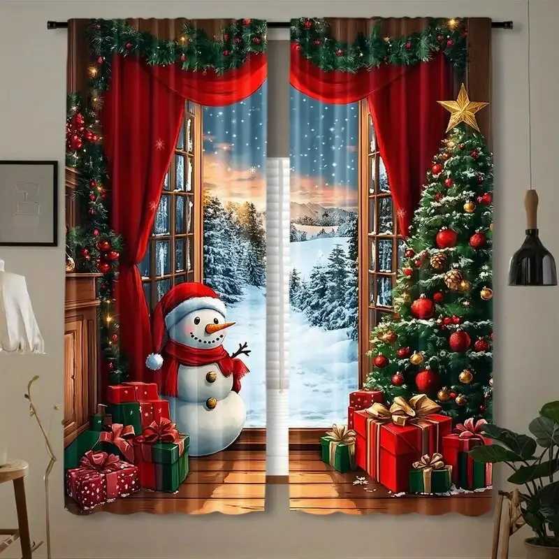 Curtain Christmas 2pcs The scene of Santa Claus and the snowman simple wood printed curtains - home decor room decor Y251126