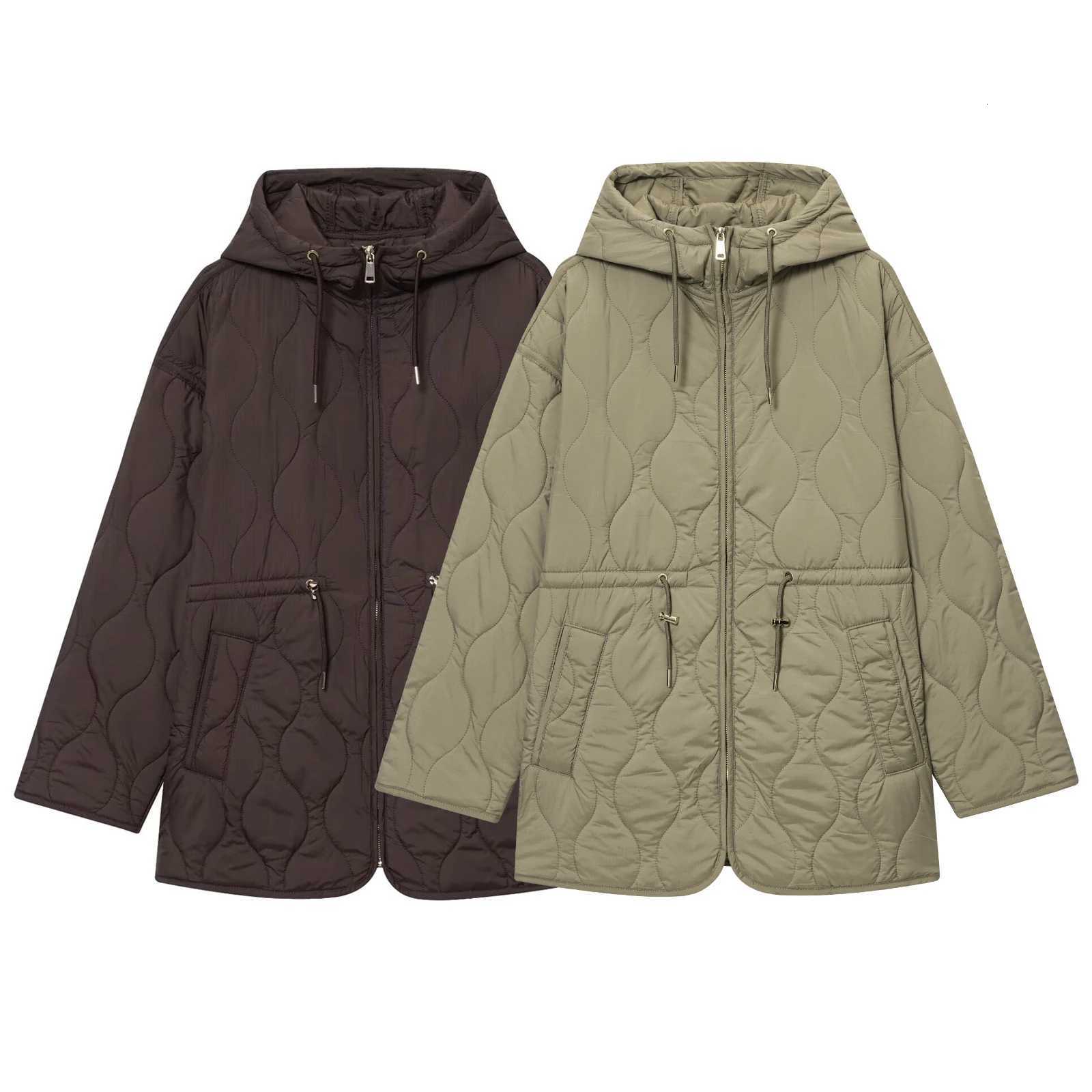 Autumn womens European and American style stand up collar long sleeved lace up adjustable hooded waterproof quilted jacketXJ251127