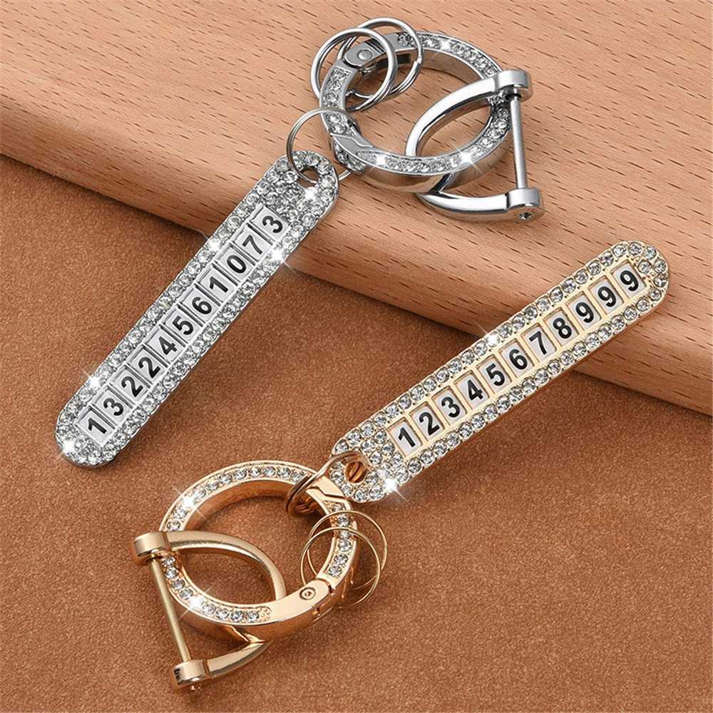 1pc Phone Number Tag Keychain Luxury Rhinestone Anti-lost Metal Key Chain Women Men Buckle Car Keyring Holder Jewelry GiftsT251127