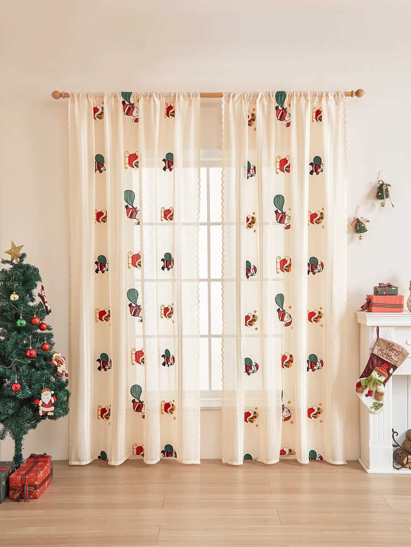 Curtain Christmas Khaki embroidered Santa Claus pole curtains party and holiday atmosphere curtains Y251126