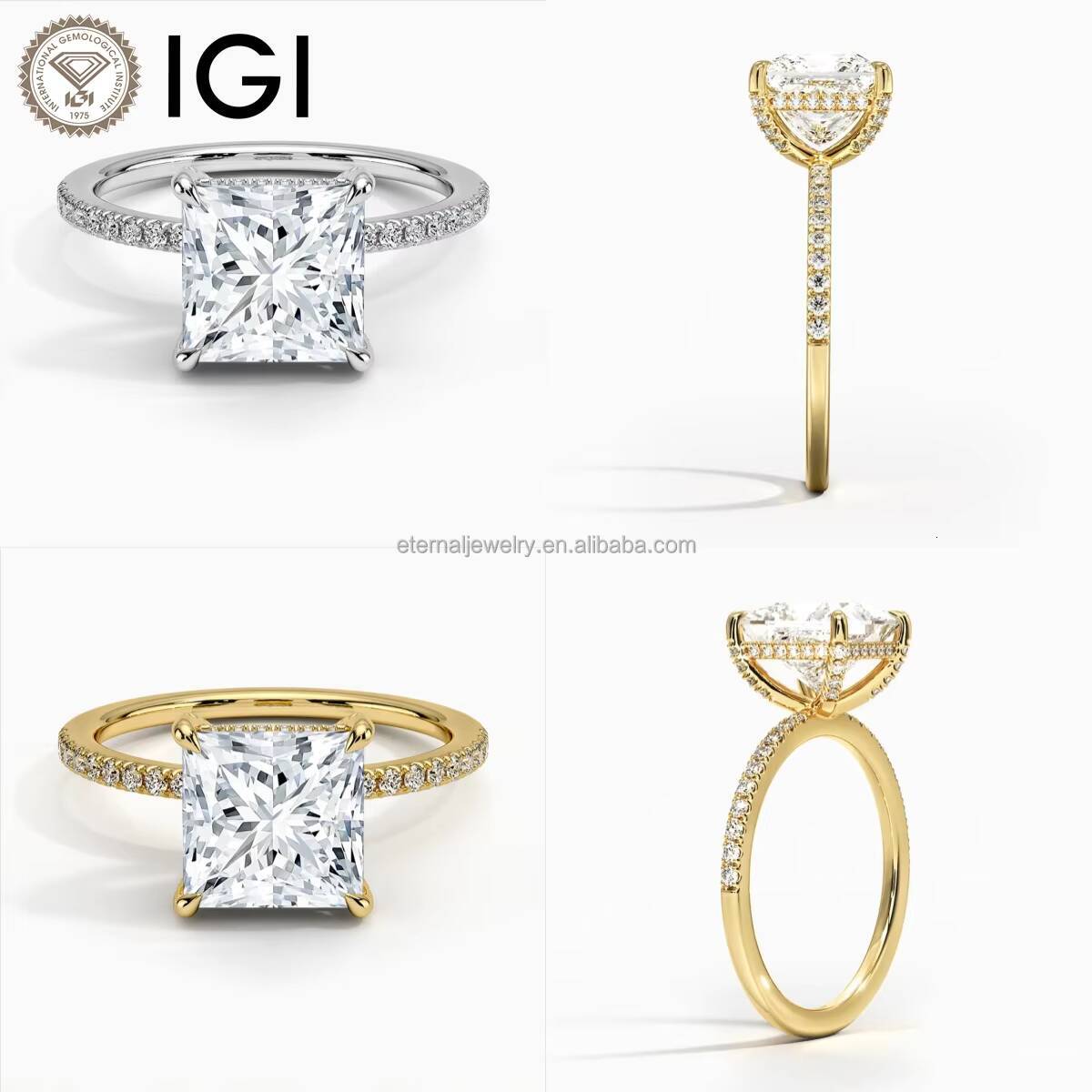 Women 9K 10K 14K 18K Solid Gold 1ct 15ct 2ct VVS Princess Cut IGI Laboratory Grown Diamond Hidden Halo Engagement Wedding Ring