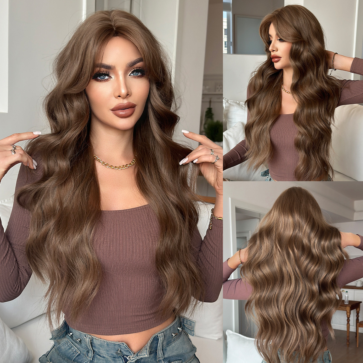 brown Warm daily wig with no trace full head cover for women round face long hair with big waves curly hair natural full top simulation hair