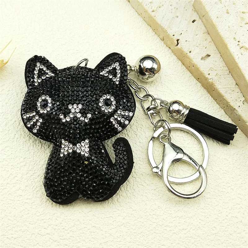 Black Cute Kitty Bowknot Keychain For Women Men Rhinestone Tassel Female Bag Decoration Cat Animal Keyring Jewelry GiftsT251127