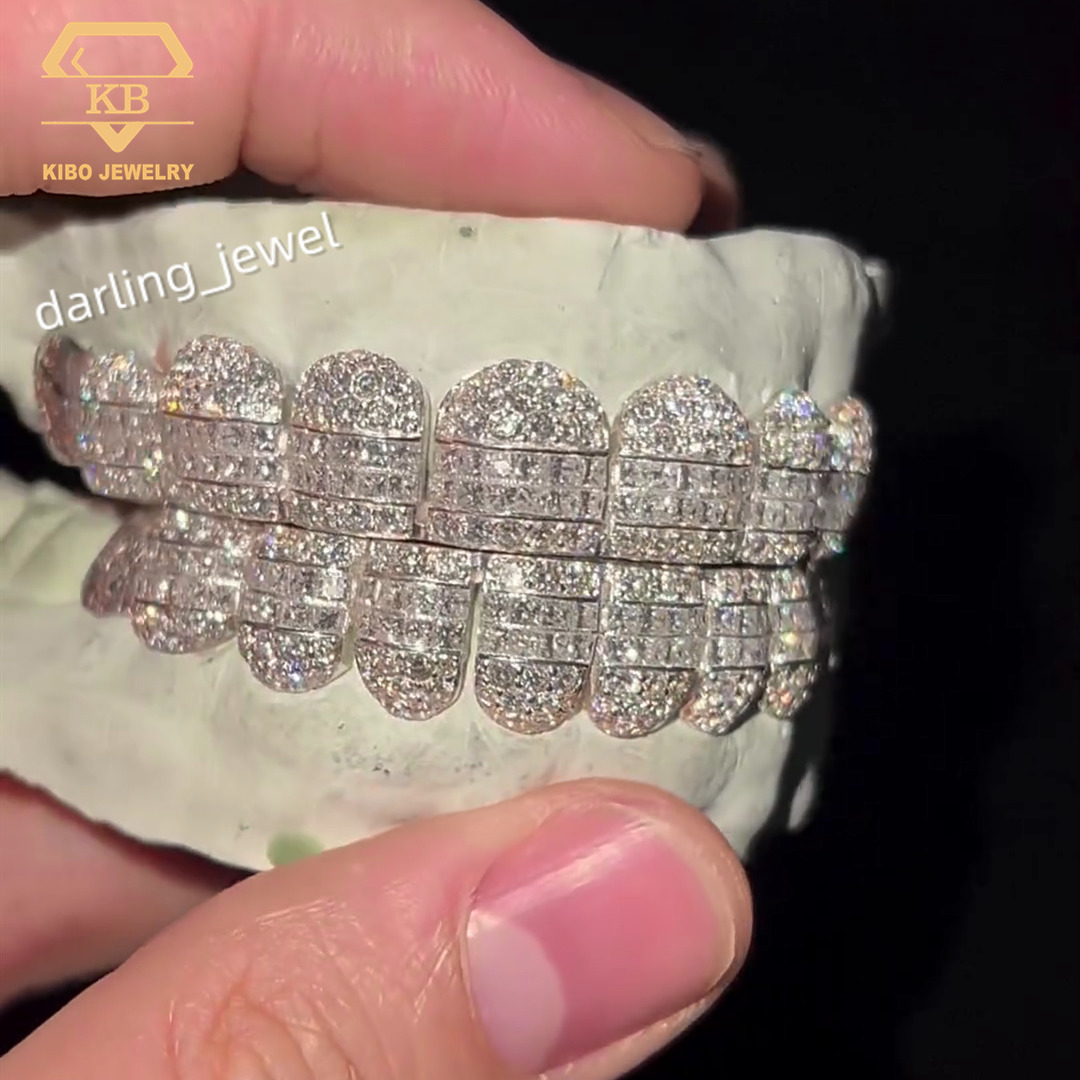 925 Sterling Silver Hybrid Grillz Round Baguette Cut 10 Top 10 Bottom Custom Iced Out VVS Moissanite Grillz for Teeth