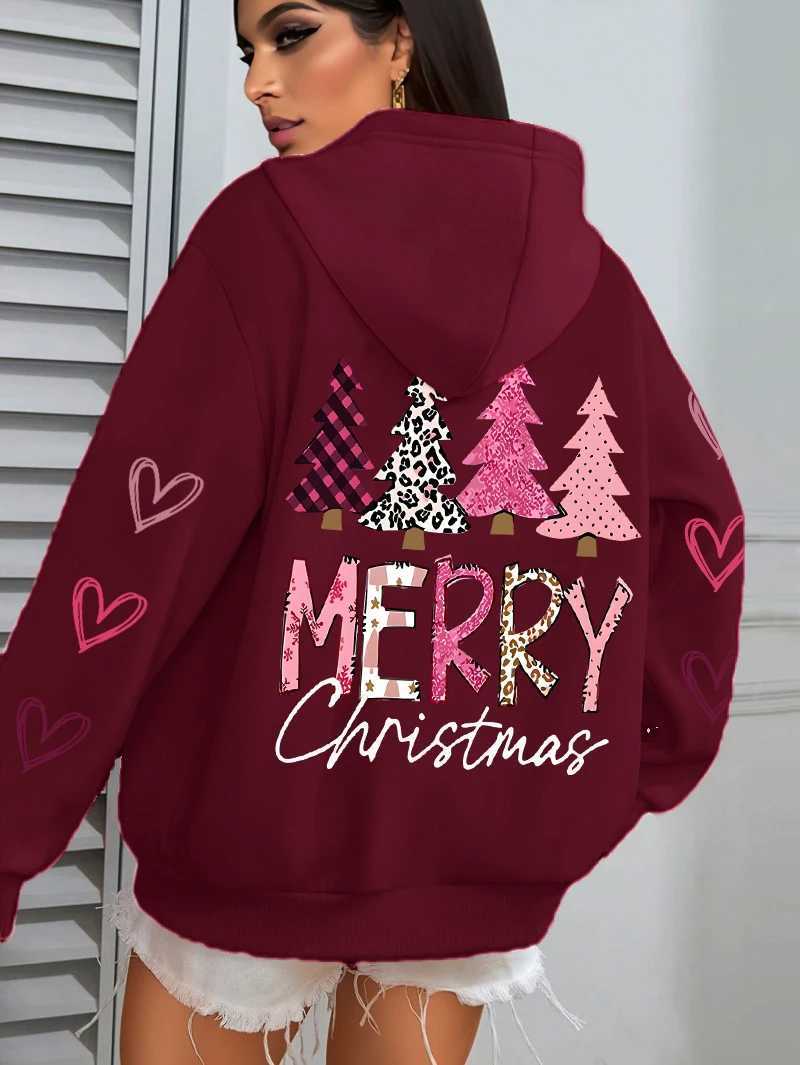 Merry Christmas Pink Tree Women Hoody All-Match Autumn Hoodies Casual Loose Pullover Harajuku PoCKet Streetwear J251136