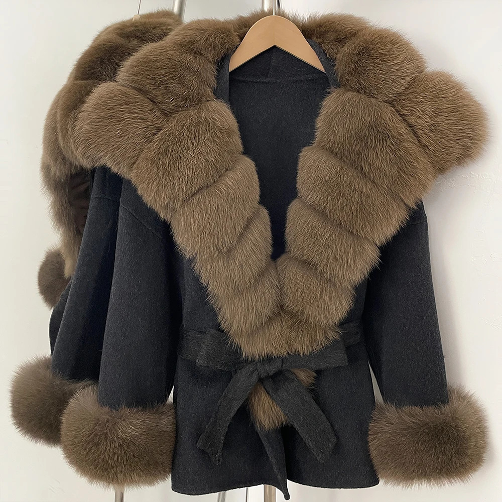 Wool Coat Women Woman Fashion Winter Autumn Real Fur Jacket Fox Coats Ladies Belt Woolen Outwear 251126