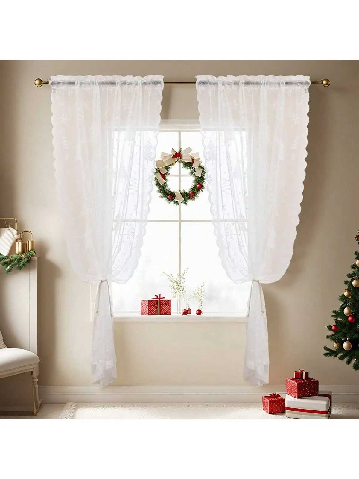 Curtain Christmas 1pc White Christmas Tree Lace Sheer Curtain Festive Window Decor for Holiday Living Room Bedroom Y251126