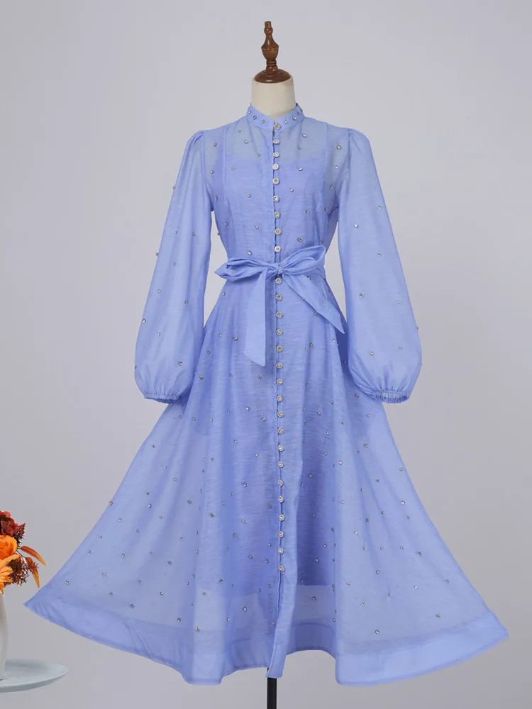 Crystal Long Dress Women Summer 2025 Spring See Through Cotton Linen Dresses Full Sleeve Evening Vestidos Party Robe