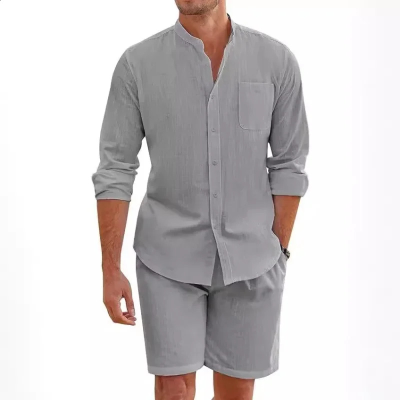 Mens two-piece cotton linen comfortable button up shirt long sleeved cardigan casual beach wear 250425