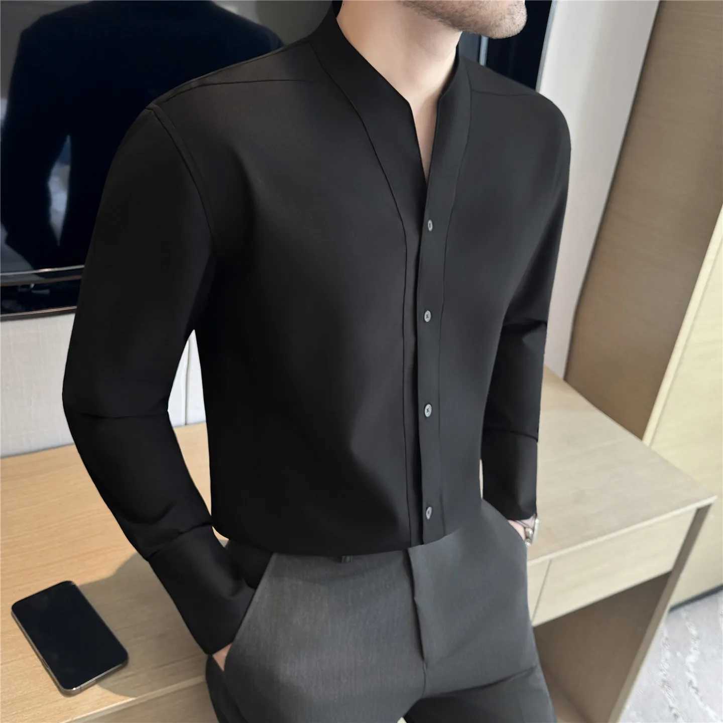 French Shirts Men Collarless Long Sleeve Solid Color Casual Shirt Mens Business Style Spring Autumn Daily BlouseW251127