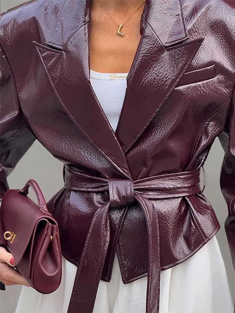 Vintage Womens Leather Jacket With Belt Slim Lace Up Lapel Long Sleeve Short Coat 2025 Autumn Lady High Street Y2k OuterwearXJ251127