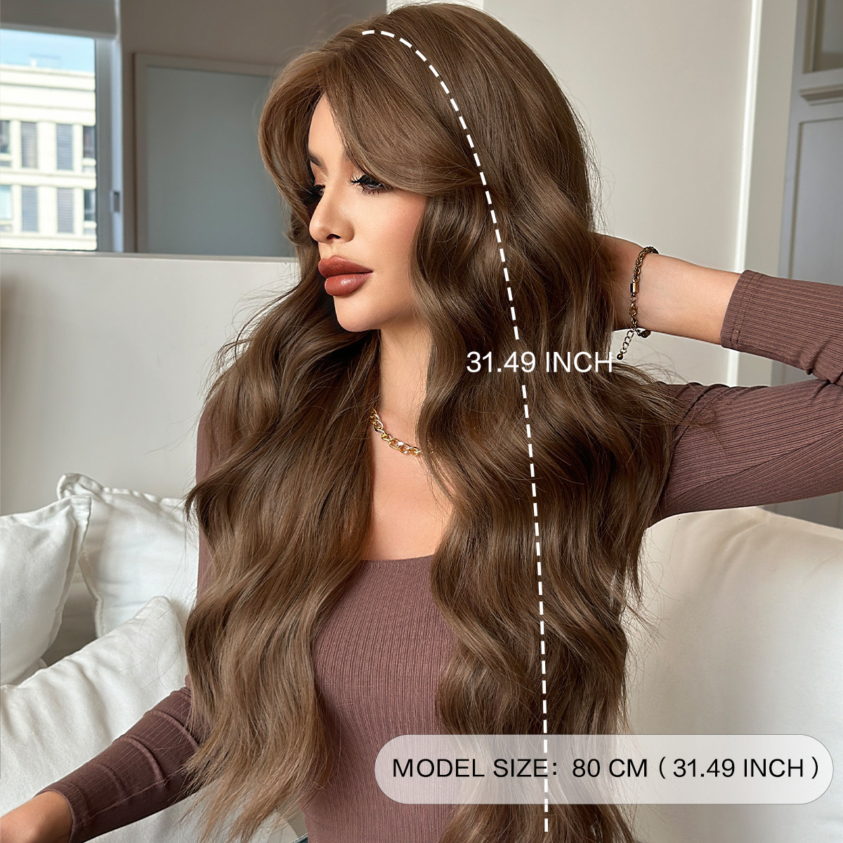 brown Warm daily wig with no trace full head cover for women round face long hair with big waves curly hair natural full top simulation hair
