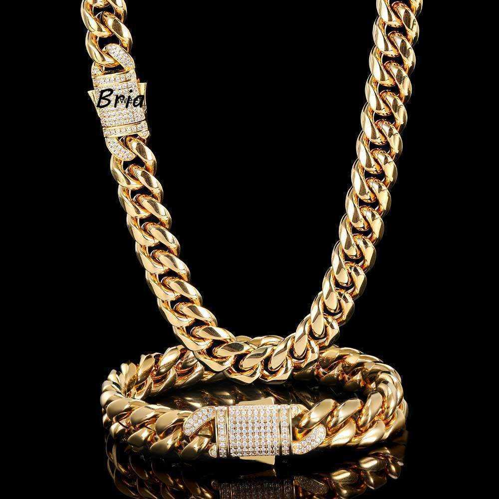 2 piece/sets Hip Hop Miami Titanium Steel Mens Necklace and Mens Bracelet Set with Zircon Spring Buckle Cuban Chain Popular Jewelry