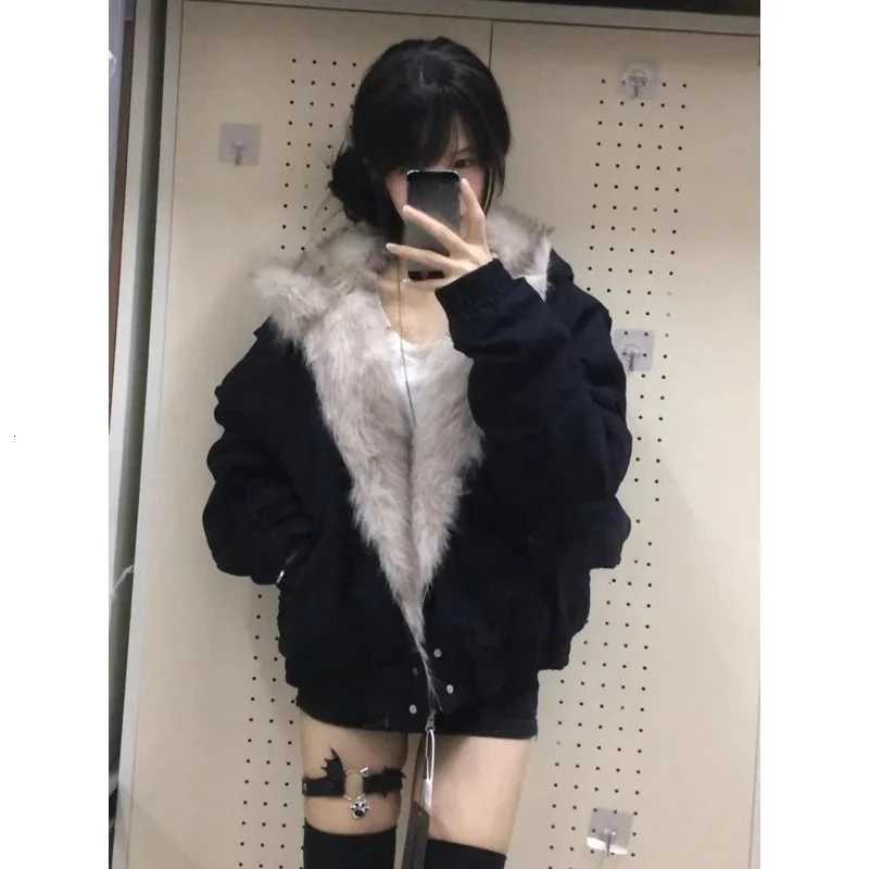 Gothic Harajuku Fashion Black Coat American Style Retro Hooded Jacket Casual Outerwear Y2k Fur Collar Parkas Woman ChicXJ251127