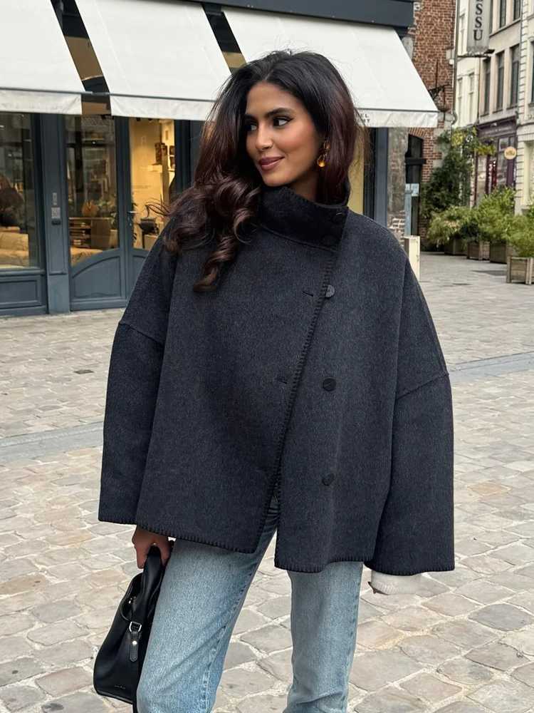 HH Women Autumn Turtleneck Long Sleeve Jacket Fashion Loose Jackets Long Sleeves Single-Breasted Solid Coat Female Casual JacketXJ251127