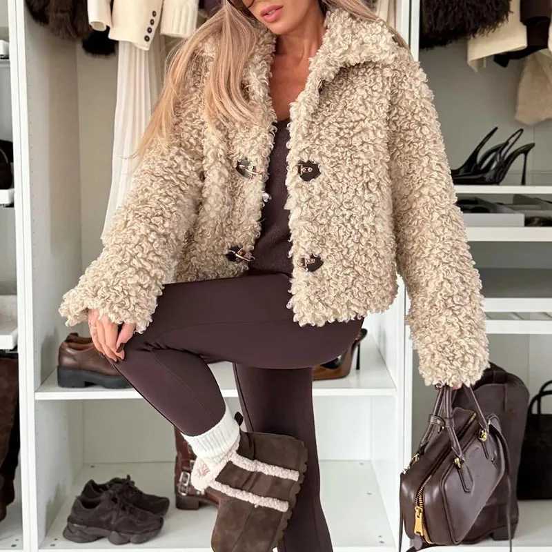 2025 Winter New Womens Lapel Collar Fleece Coat Simple Solid Color Commuter Long Sleeve Jacket Comfortable Warm Loose OuterwearXJ251127