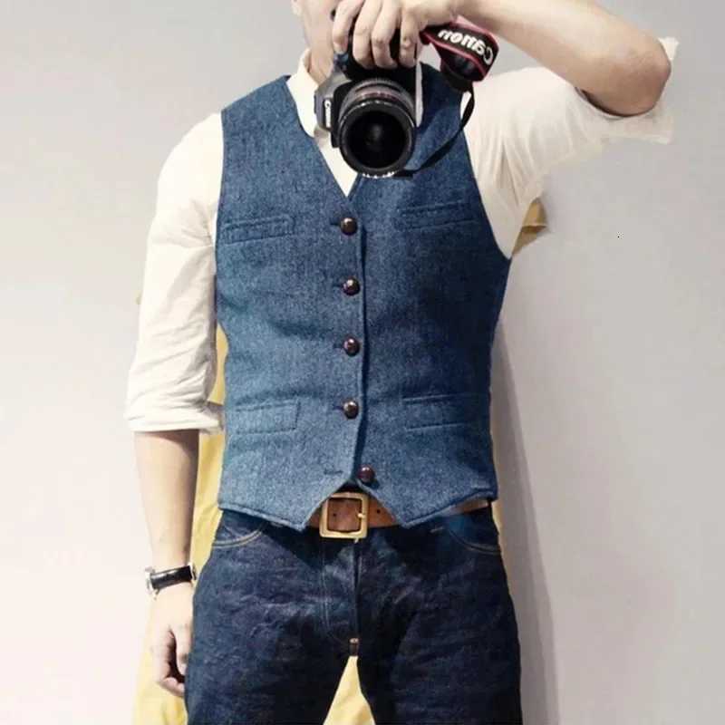 Mens Suit Vest Tweed Retro V Neck Wool Herringbone Waistcoat for Prom Single Breasted Males Dress Suit Vest Plus SizeM251127