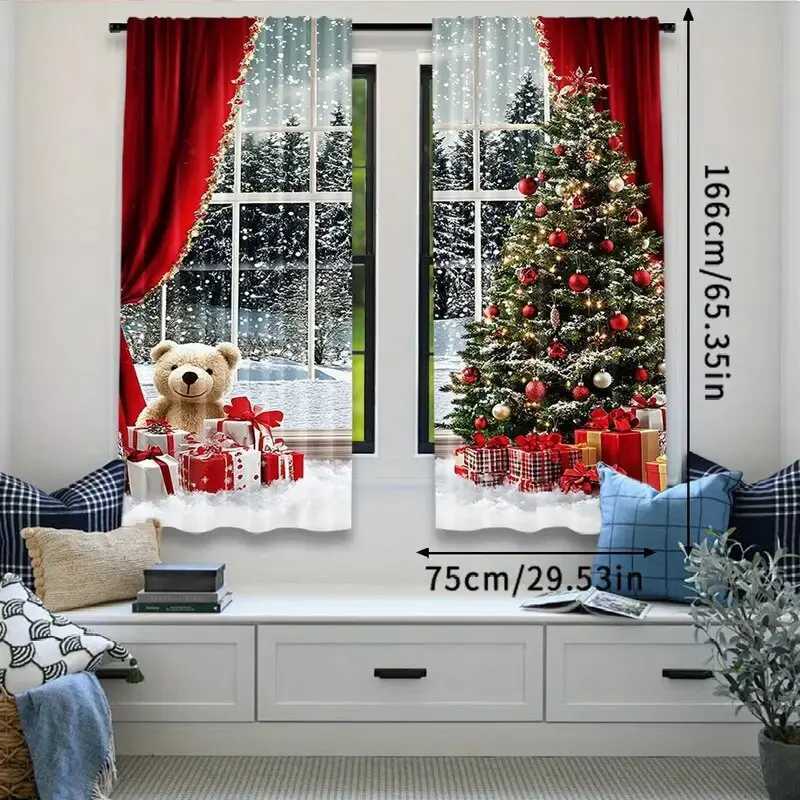 Curtain Christmas 2 pieces - Christmas curtains Christmas snow scene and tree polyester printed curtains home decoration room decoration Y251126