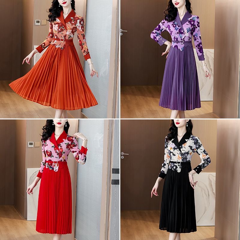 Spring plus size women's clothing 2025 suit collar dress with print, stylish and slimming style D02307