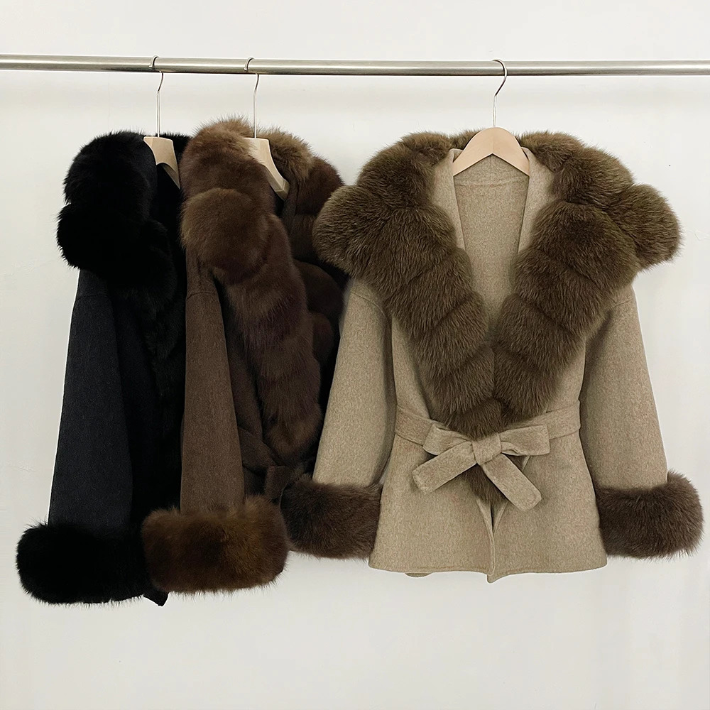 Wool Coat Women Woman Fashion Winter Autumn Real Fur Jacket Fox Coats Ladies Belt Woolen Outwear 251126